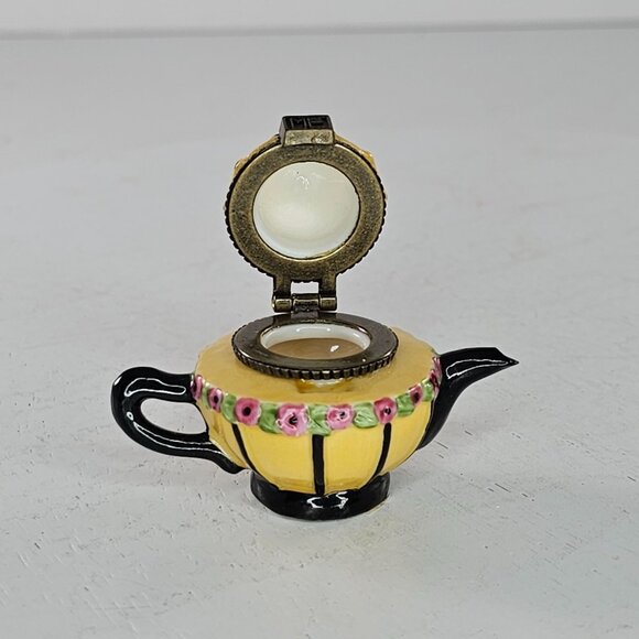 Mary Engelbreit Mini Yellow Teapot Shaped Trinket Box Floral Hinged Lid Enesco - Picture 5 of 8